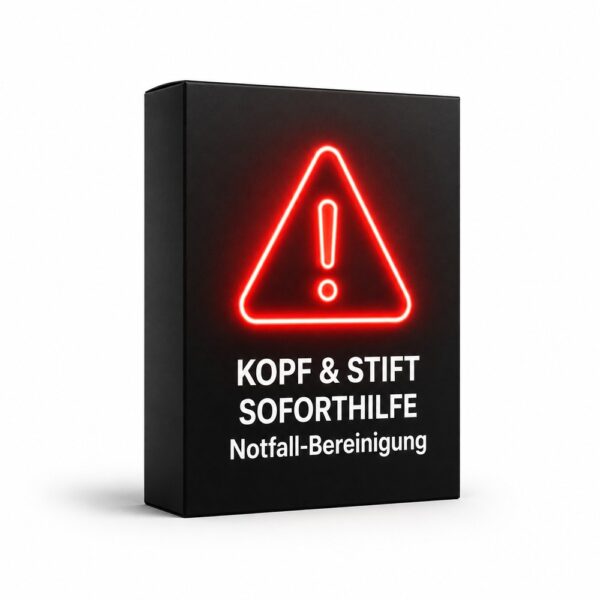 Schwarze Produktbox mit leuchtendem Warndreieck: Kopf und Stift Soforthilfe Notfall-Bereinigung