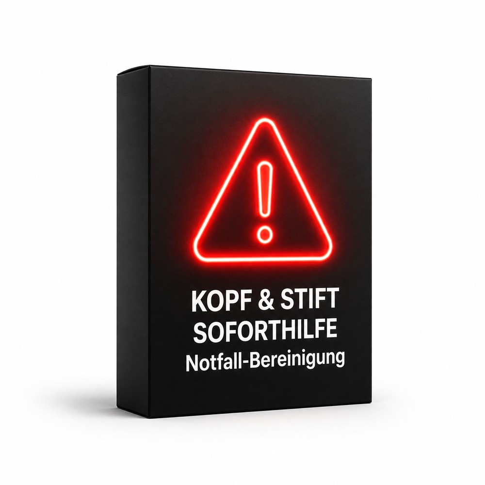 Schwarze Produktbox mit leuchtendem Warndreieck: Kopf und Stift Soforthilfe Notfall-Bereinigung