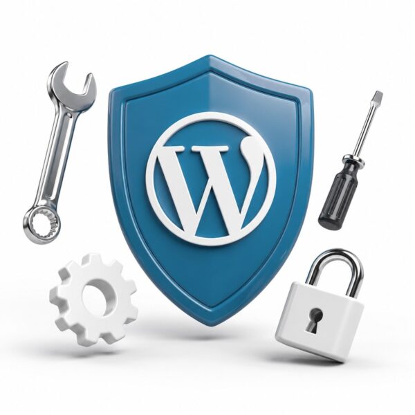 Blaues Schutzschild mit WordPress-Logo, Vorhaengeschloss, Schraubenschluessel, Schraubendreher und Zahnrad als 3D-Rendering