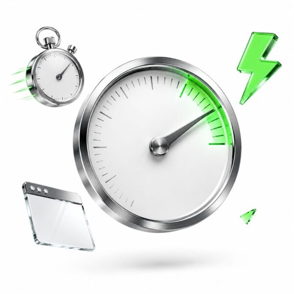 Tachometer mit Nadel im grünen Bereich, Stoppuhr, Browserfenster und grünem Blitz als 3D-Rendering